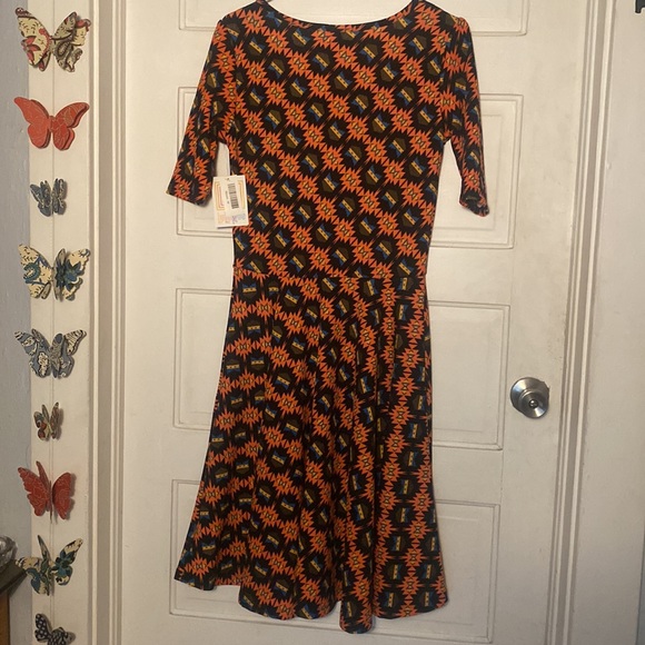 NWT, Lularoe Nicole dress Sz M black, orange, blue, Aztec style pattern - Picture 2 of 7